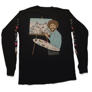 RIPNDIP Mens M Nermal Cat Bob Ross Long Sleeve Black Graphic Tee Shirt